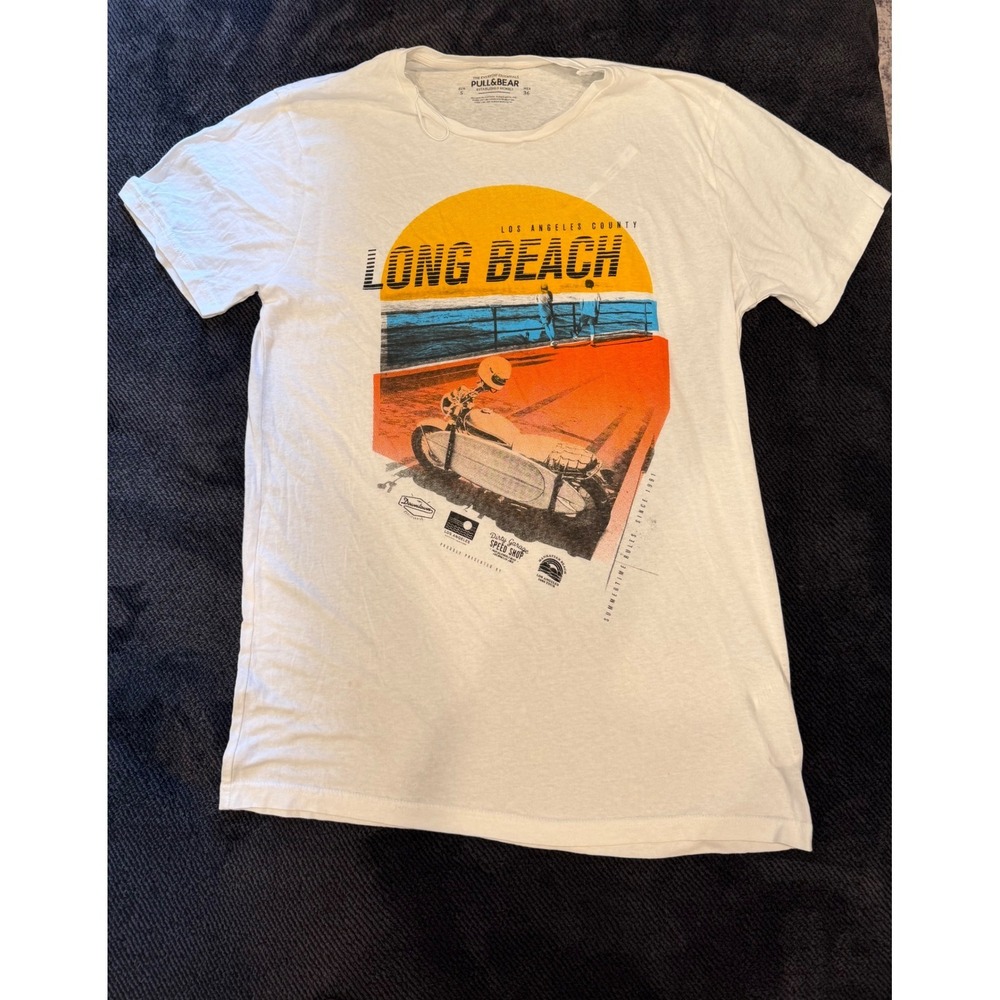 Pull&Bear Long Beach Tee Size Small White California Beach Motorcycle T-Shirt
